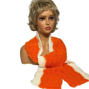 NEW Handmade soft acrylic 6” wide crocheted scarf orange & white washabl…